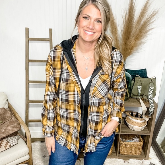 Hoodie Lined Plaid Shacket- Yellow - Picture 2 of 4